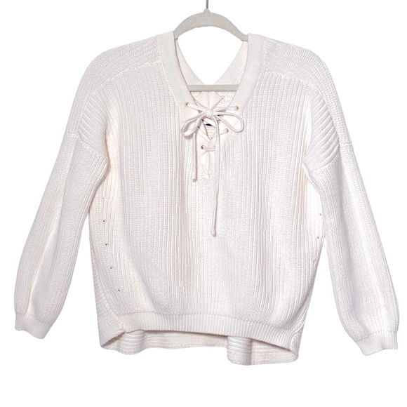 Fate Sweaters - Fate Double V-Neck Lace Up Ribbed Knit White Sweater Size S